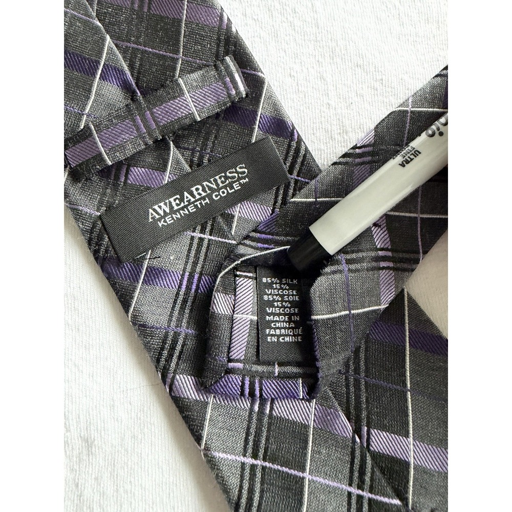 Kenneth Cole Awareness	Plaid Tartan Check Woven Silk Blend Long Skinny 60.5 x 3